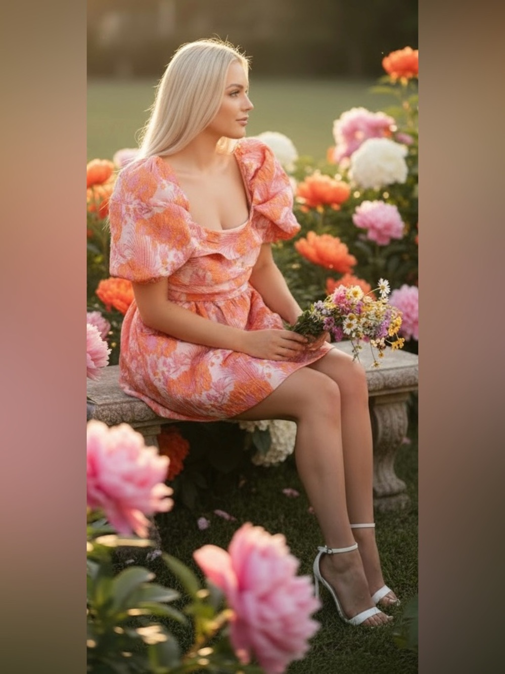 Fashion Nova Womens Orange Pink Floral Jacquard Puff Sleeve Mini Dress Large - Picture 2 of 8